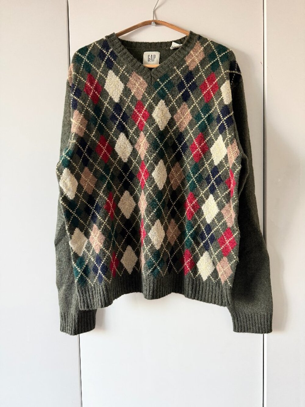 🍁Fall Sale! VNTG Gap Olive Argyle 90s 100% Shetland Wool Mens L